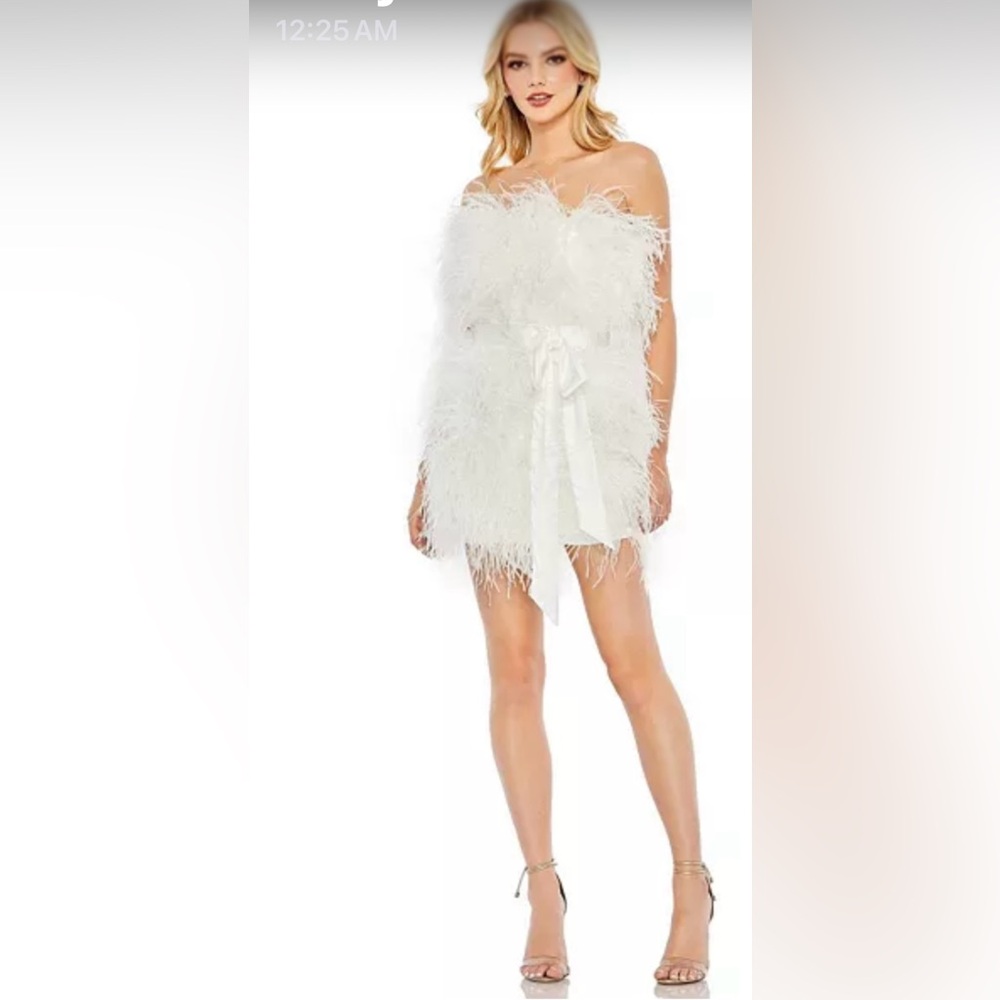NWT MacDuggal Feather Strapless Statement Mini Dress w Satin Sash -